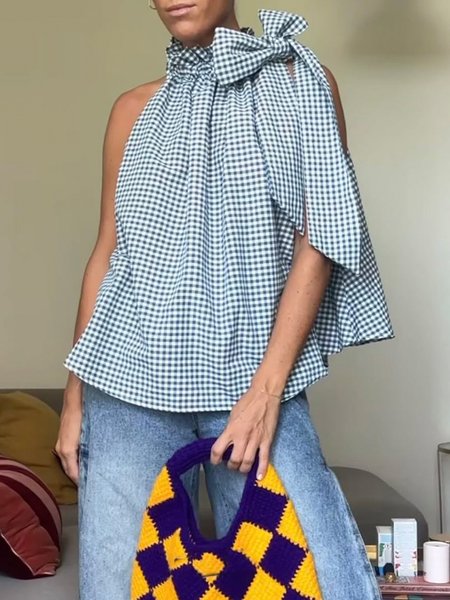 

Casual Plaid Bow Loose Blouse, Blue, Blouses and Shirts