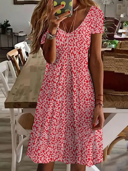 

Women's Striped Spring Print Casual V-Neck Short Sleeve Dress, Red, Dresses