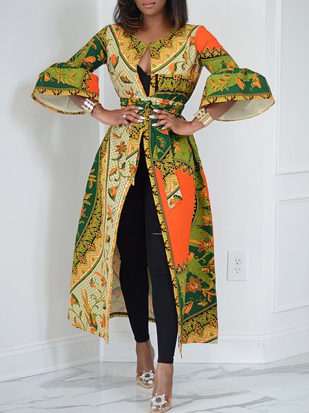 

Urban Ruffle Sleeve Printing Abstract Crew Neck Kimono With Belt, As picture, Kimonos