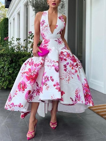 Elegant Floral V Neck Maxi Party Dress, As picture, Maxi Dresses