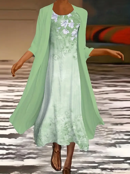 

Women Floral Crew Neck Three Quarter Sleeve Comfy Casual Printing Coat With Dress Two-Piece Set, Green, Dresses
