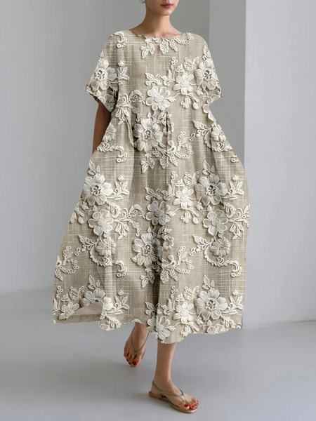 

Vintage floral lace embroidery linen blend Print Casual Crew Neck Dress With No Belt, Apricot, Dresses
