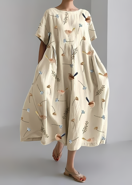 

Women's Artistic Floral Print Vintage Round Neck Pleated Maxi Dress, As picture, Dresses