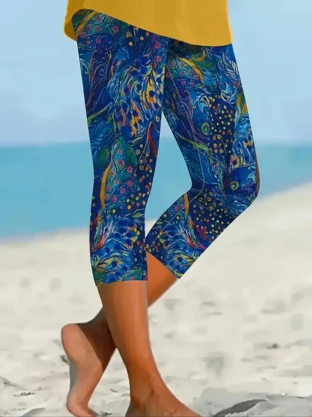 

Women's Floral Spring Print Casual Leggings, Blue, Leggings