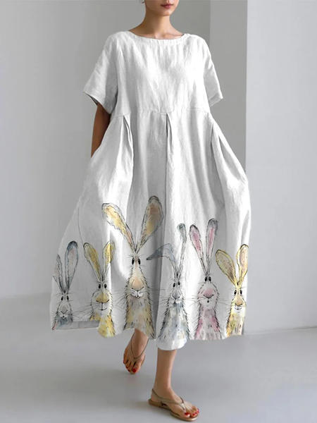 

Watercolor rabbit print linen blend casual Dress With No Belt, White, Dresses