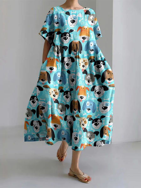 

Women'S Funny Dog ​​Print Short Sleeve Linen Blend Midi Dress With No Belt, Blue, Dresses