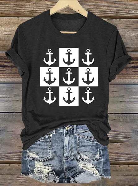

Casual Geometric Crew Neck Short Sleeve T-shirt, Black, T-shirts