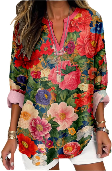 

Women's Artistic Floral Print Elegant Resort V-Neck Shirt, As picture, Blouses