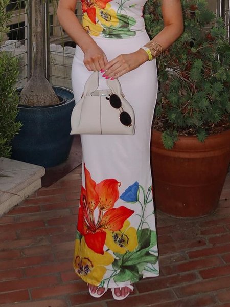 

Elegant Printing Floral Maxi Skirt, White, Skirts