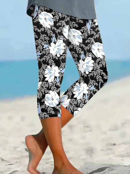 Women's Floral Capris Elastic Waist Pant Casual Summer Trousers, Black, Leggings