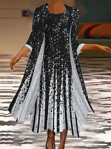 

Women Floral Crew Neck Three Quarter Sleeve Comfy Casual Printing Coat With Dress Two-Piece Set, Black, Dresses