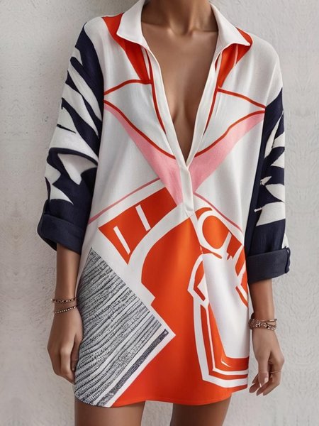

Casual Abstract Shirt Collar Mini Dress, As picture, Mini Dresses