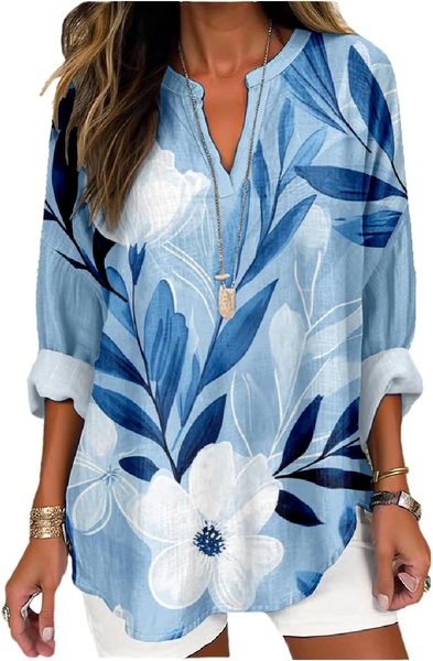 

Women's Artistic Floral Print Elegant Casual V-Neck Shirt, Light blue, Blouses
