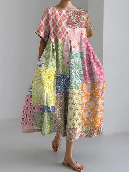 

Women's Artistic Floral Print Vintage Round Neck Pleated Maxi Dress, As picture, Dresses