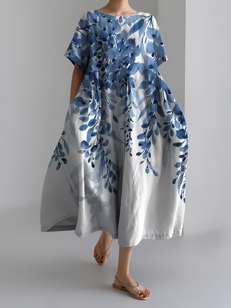 

Women's Artistic Floral Print Vintage Round Neck Pleated Maxi Dress, As picture, Dresses