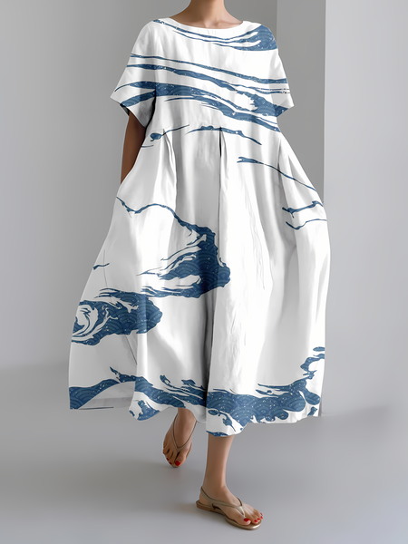 

Women's Art Stripe Print Vintage Round Neck Pleated Dress, As picture, Dresses