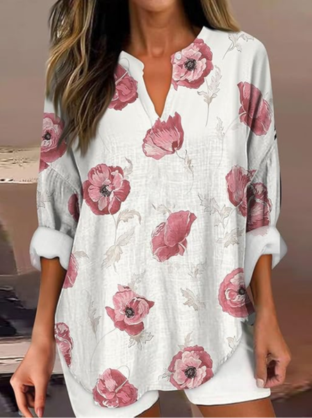 

Women's Artistic Floral Print Elegant Casual V Neck Shirt, As picture, Blouses