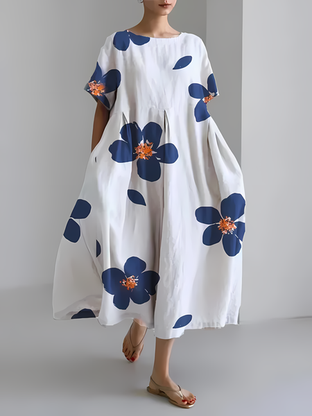 

Women's Artistic Floral Print Vintage Round Neck Pleated Dress, As picture, Dresses
