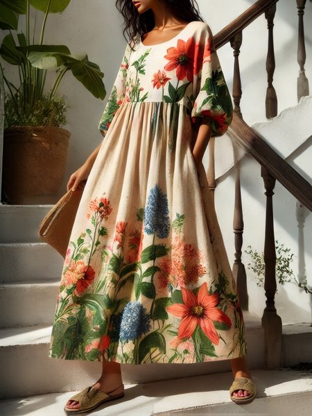 

Vacation Floral Balloon Sleeve Maxi Dress, As picture, Maxi Dresses