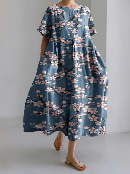 

Women's Artistic Floral Print Vintage Round Neck Pleated Maxi Dress, As picture, Dresses