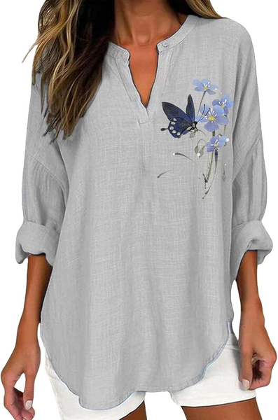 

Women's Butterfly Floral Print Elegant Vintage V-Neck Shirt, Gray, Blouses