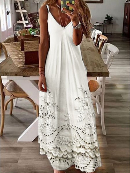 

Women Floral Pattern V Neck Gallus Comfy Vintage Maxi Dress, White, Maxi