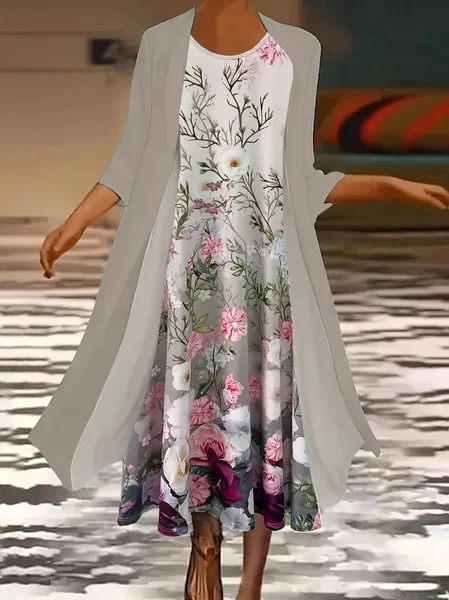 

Women Floral Printing Two-Piece Set Daily Three Quarter Sleeve Casual Spring/Fall Dress With Coat Matching Set, As picture, Suit Set