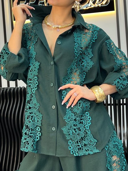 

Cotton Urban Lace Edge Shirt Collar Shirt, Green, Blouses and Shirts
