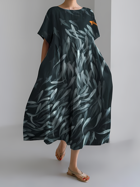 

Women's Ocean Art Fish Print Vintage Round Neck Pleated Dress, As picture, Dresses