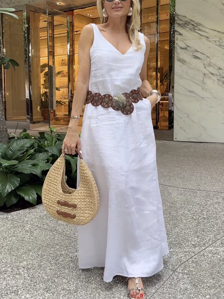 

Cotton And Linen Vacation Plain Loosen V Neck Maxi Dress No Belt, White, Maxi Dresses