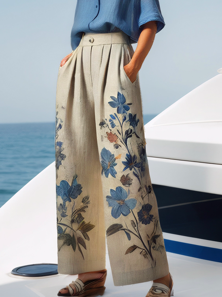 

Vacation Floral Wide Leg Pants, Blue, Pants
