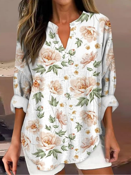 

Women's Artistic Floral Print Elegant Casual V Neck Shirt, As picture, Blouses