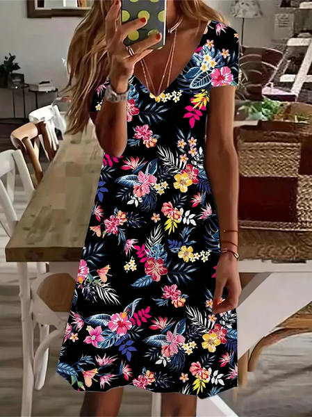 

Women's Floral Short Sleeve Summer Printing Dress V Neck Daily Casual Knee Length T-Shirt Dress H-Line Dress, Black, Casual Dresses