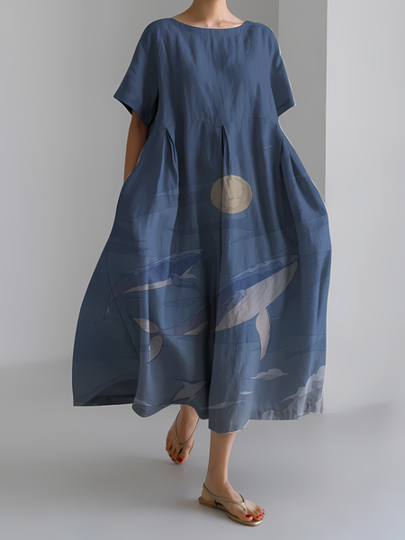 

Women's Ocean Whale Art Print Vintage Round Neck Pleated Dress, As picture, Dresses