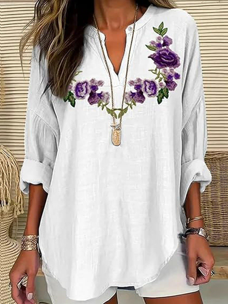

Women's Purple Floral Print Elegant Vintage V-Neck Shirt, White, Blouses