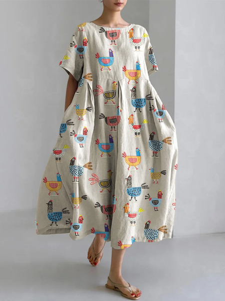 

Funny Farm Chicken Embroidery Pattern Linen Blend Casual Dress With No Belt, Apricot, Dresses