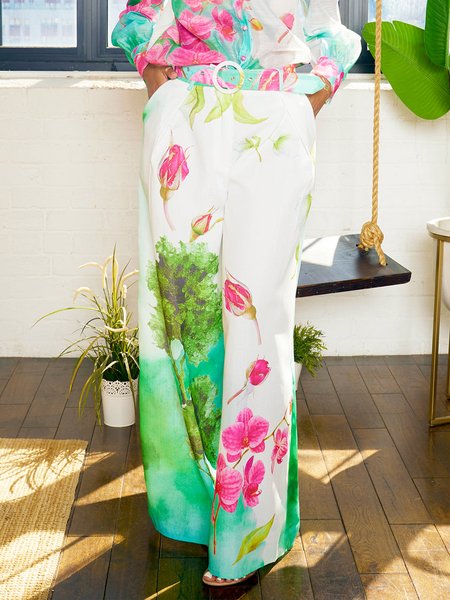 Vacation Floral Wide Leg Pants With Belt, As picture, Pants