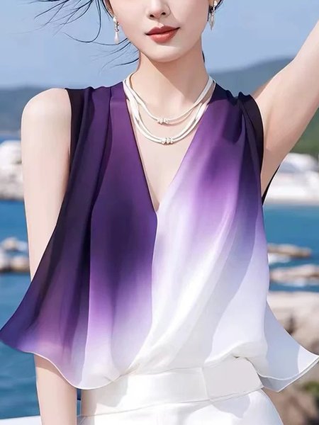 

Elegant Gradient Pattern Printing Loosen V Neck Tank Top, Purple, Tanks and Camis