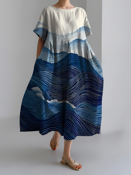 

Women's Art Stripe Printed Retro Round Neck Pleated Long Skirt, As picture, Dresses
