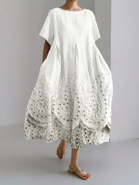 

Cottage Wheat flower lace hem Print Casual Crew Neck Loose Dress With No Belt, White, Dresses