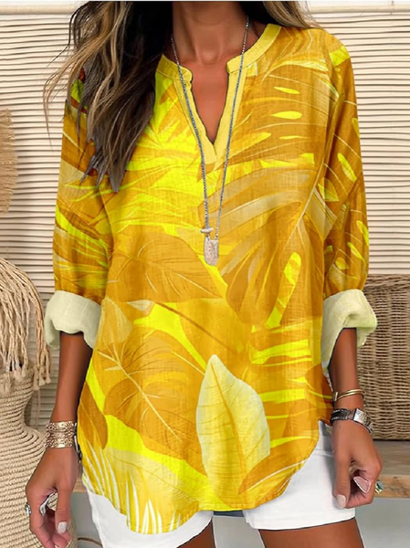 

Women's Hawaiian Floral Print Elegant Resort V Neck Shirt, Yellow, Blouses