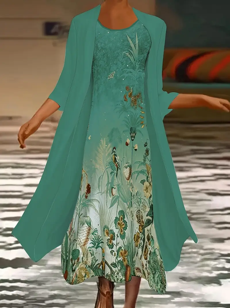 

Women Floral Printing Two-Piece Set Daily Three Quarter Sleeve Casual Spring/Fall Dress With Coat Matching Set, Green, Suit Set