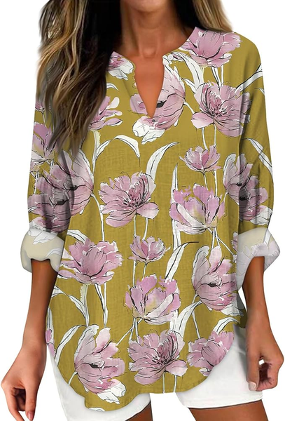 

Women's Artistic Floral Print Elegant Casual V-Neck Shirt, As picture, Blouses