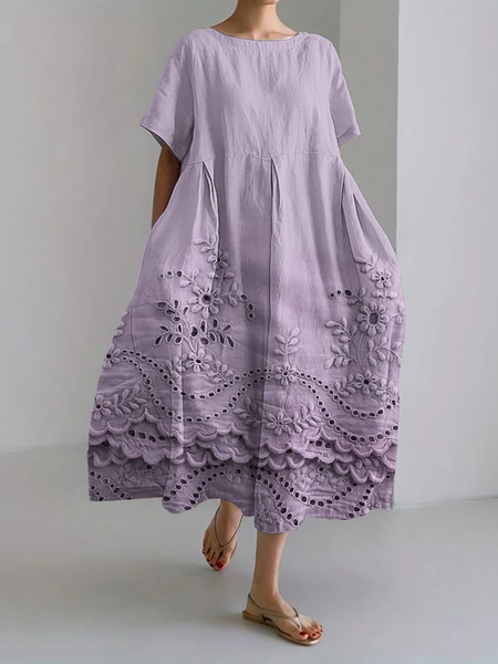 

Vintage floral embroidery lace hem linen blend Print Casual Cotton-Blend Crew Neck Dress With No Belt, Purple, Dresses