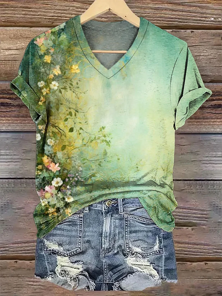 

Casual Floral V Neck Short Sleeve T-shirt, Green, T-shirts