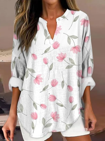 

Women's Artistic Floral Print Elegant Casual V Neck Shirt, As picture, Blouses