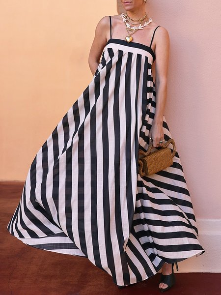 

Vacation Striped Printing Square Neck Maxi Dress, Black-white, Maxi Dresses