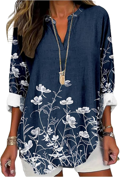 

Women's Artistic Floral Print Elegant Casual V-Neck Shirt, Deep blue, Blouses