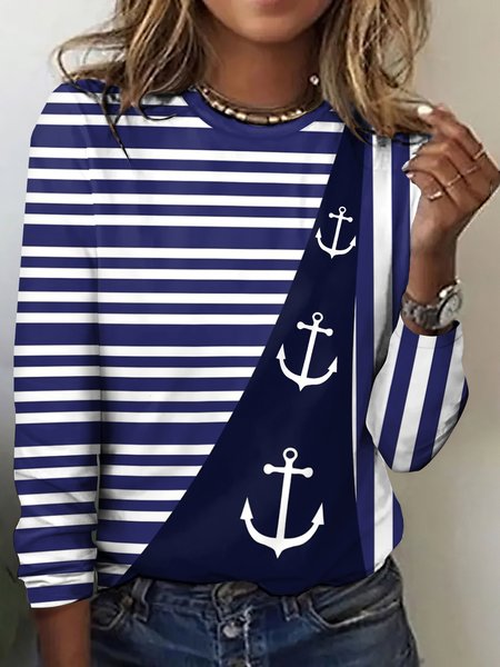 

Casual Striped Crew Neck Long Sleeve T-shirt, Purplish blue, T-shirts