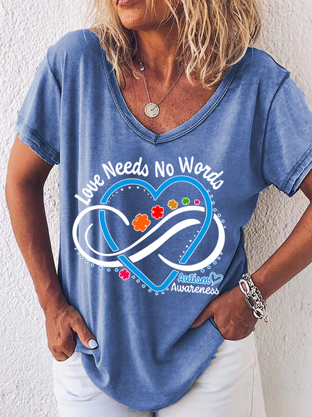 

Autism Awareness Love Need V Neck Cotton-Blend T-Shirt, Blue, T-shirts